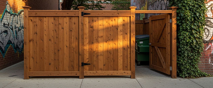 Sunlit wooden privacy gate and open side door revealing green trash bins in an urban alley with graffiti and ivy.