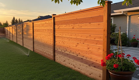 Wooden cedar privacy fence along a backyard lawn at sunset with sprinklers and potted red geraniums near a patio.