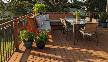 Sunlit wooden backyard deck with built-in L-shaped bench, dining table and chairs, potted plants and string lights