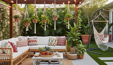 Boho outdoor patio with rattan sectional, hanging macrame planters, potted plants, hammock chair and succulents