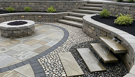 Modern stone patio with circular fire pit, terraced retaining walls, pebble pathway and cascading water feature.