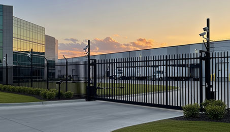 Black security gate and surveillance cameras in front of modern glass office and warehouse at sunset