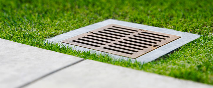 Square metal storm drain grate set in green lawn beside a concrete sidewalk