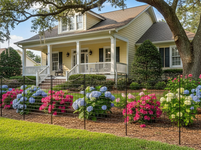 Yellow house with front porch, rocking chair, black garden fence and blue hydrangeas with pink azaleas.