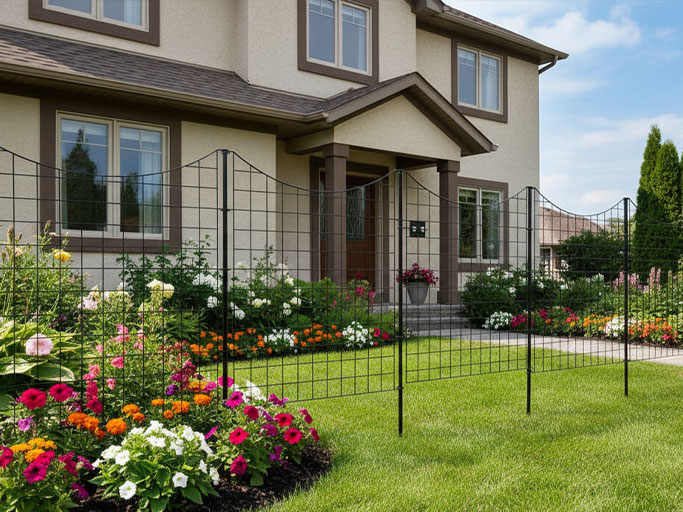 Suburban two-story house with manicured lawn, colorful flower beds and decorative black metal garden fence.