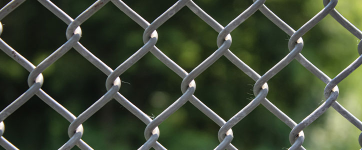 Close-up of metal chain-link fence with diamond pattern and blurred green foliage background