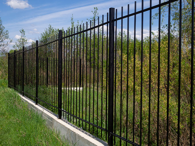 Black metal ornamental fence on concrete base bordering grassy area with trees and blue sky