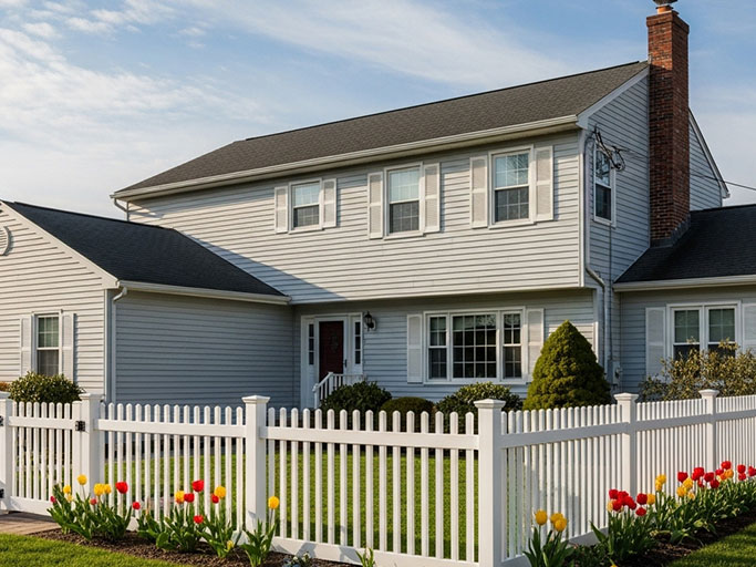 Two-story suburban house with white siding, white picket fence, manicured lawn and red and yellow tulips.