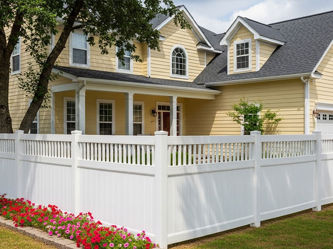 Yellow two-story home with white porch, vinyl privacy fence and pink flower bed along the lawn