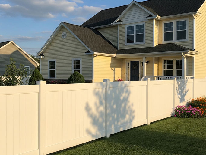 Yellow two-story suburban house with white vinyl privacy fence, green lawn and flower bed in afternoon light.